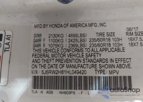 2017 Honda Cr-V Ex-L/Ex-L Navi from USA, damaged, VIN 5J6RW2H81HL049420